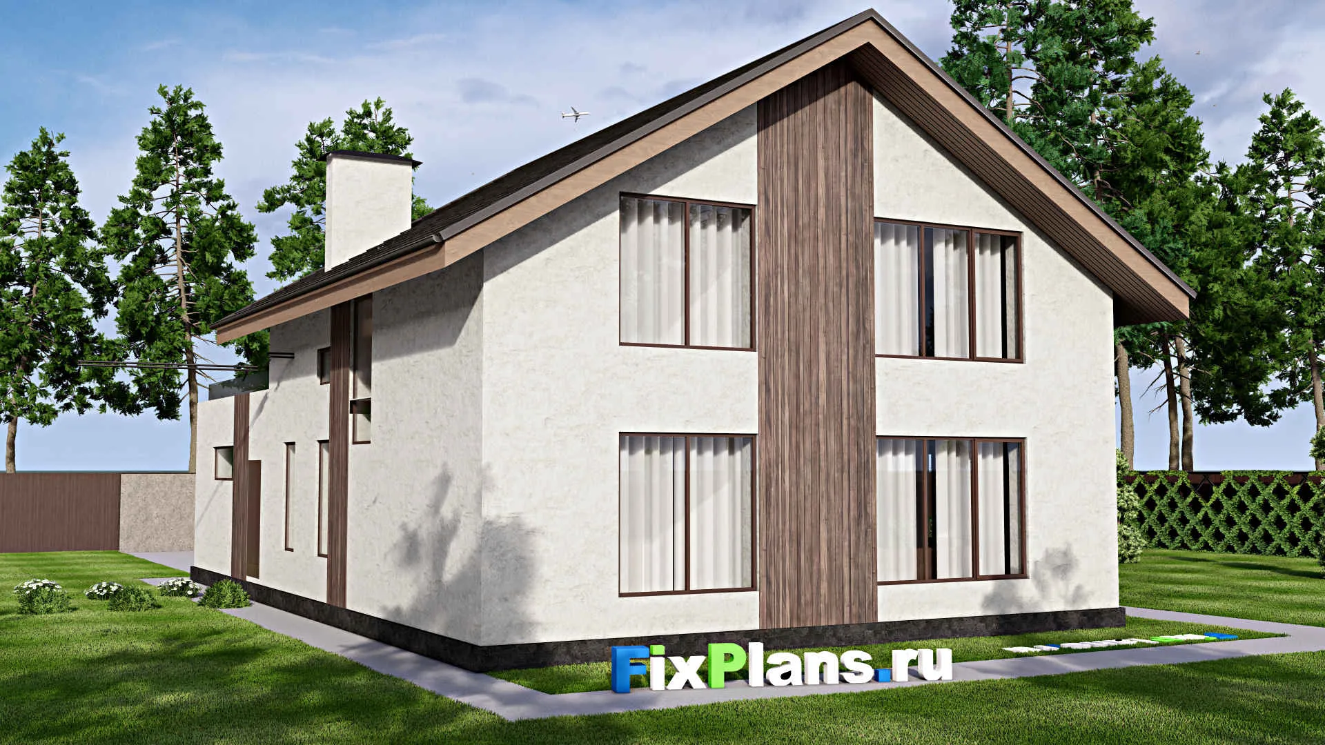 F-13256 - Планы дома с мансардой 11 на 17, площадью 240 м² с террасой, гаражом на 1 машину и 4 спальнями