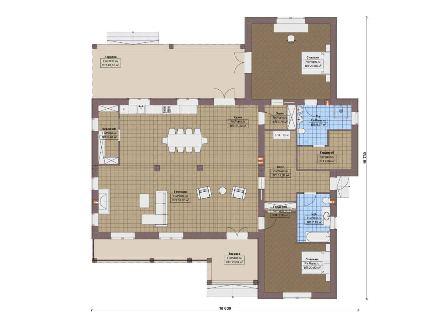F-20204 - План одноэтажного дома 19 на 20, площадью 260 м² с террасой и 2 спальнями