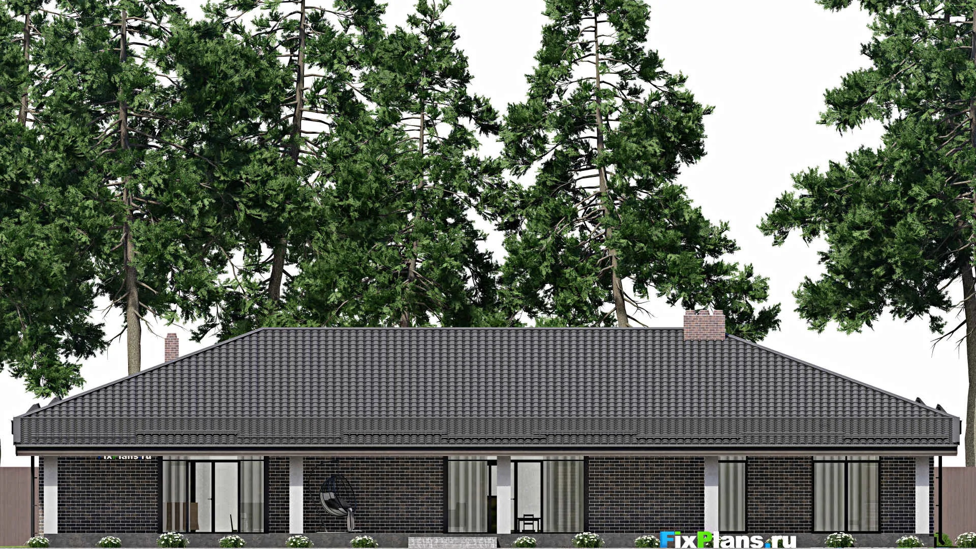 F-4364 - Проект одноэтажного дома 20 на 26, площадью 440 м² с террасой, баней, гаражом на 2 машины и 3 спальнями