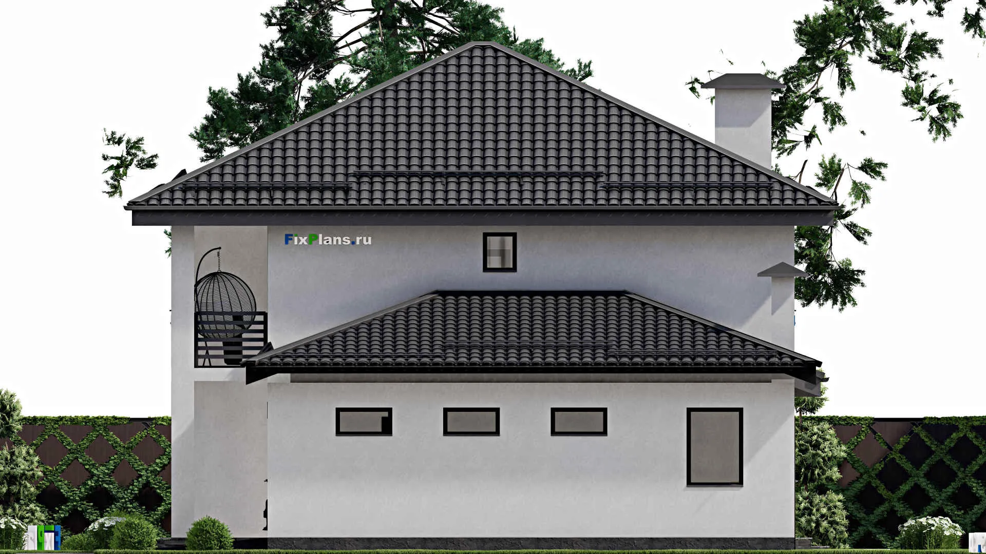 F-2807 - Планы двухэтажного дома 12 на 16, площадью 230 м² с террасой, балконом, гаражом на 1 машину и 6 спальнями