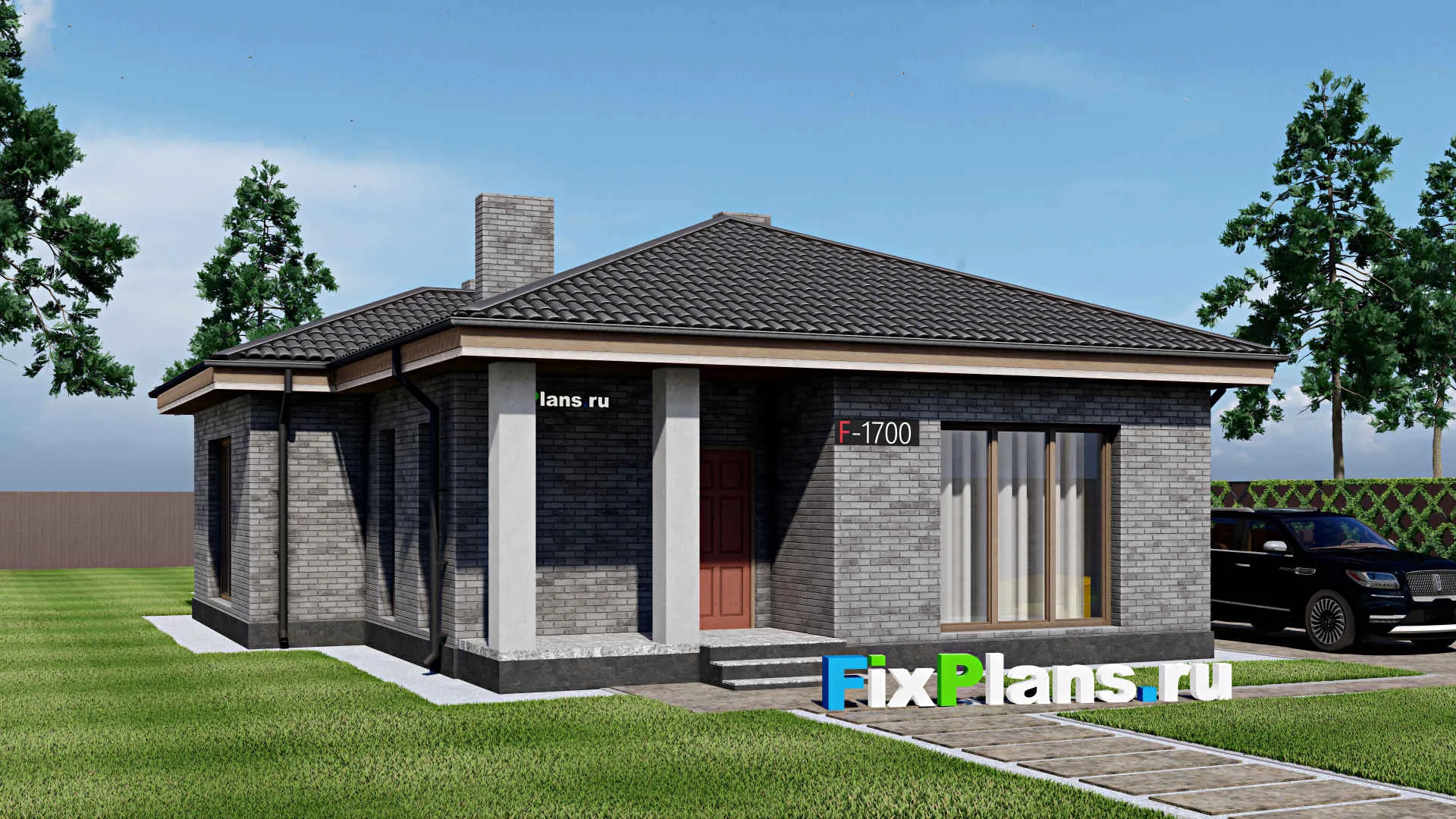 F-1700 - Проект одноэтажного дома 12 на 17, площадью 150 м² с террасой и 3 спальнями