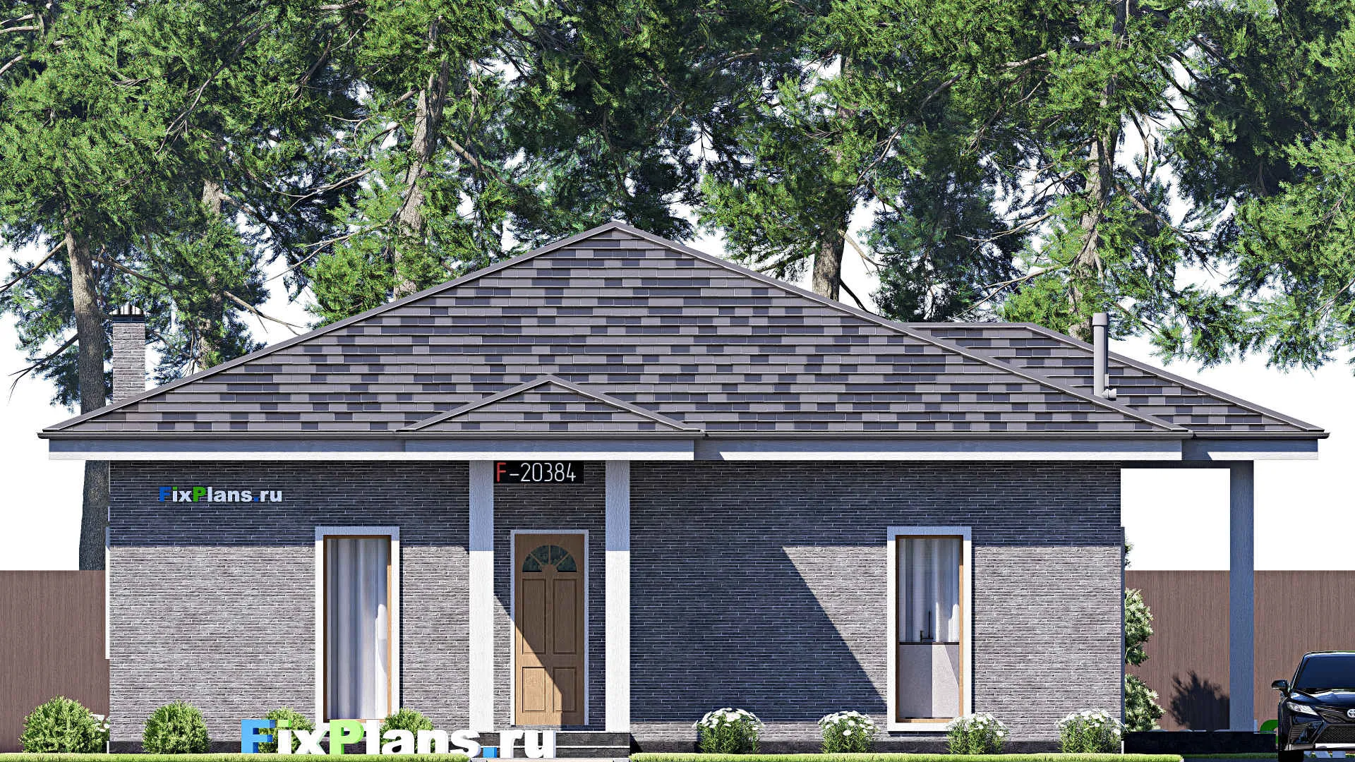 F-20384 - Проект одноэтажного дома 15 на 19, площадью 200 м² с террасой и 3 спальнями