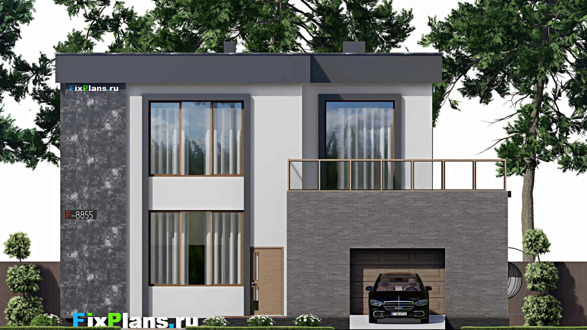 F-8855 - Планы двухэтажного дома 14 на 24, площадью 440 м² с террасой, балконом, гаражом на 2 машины и 6 спальнями