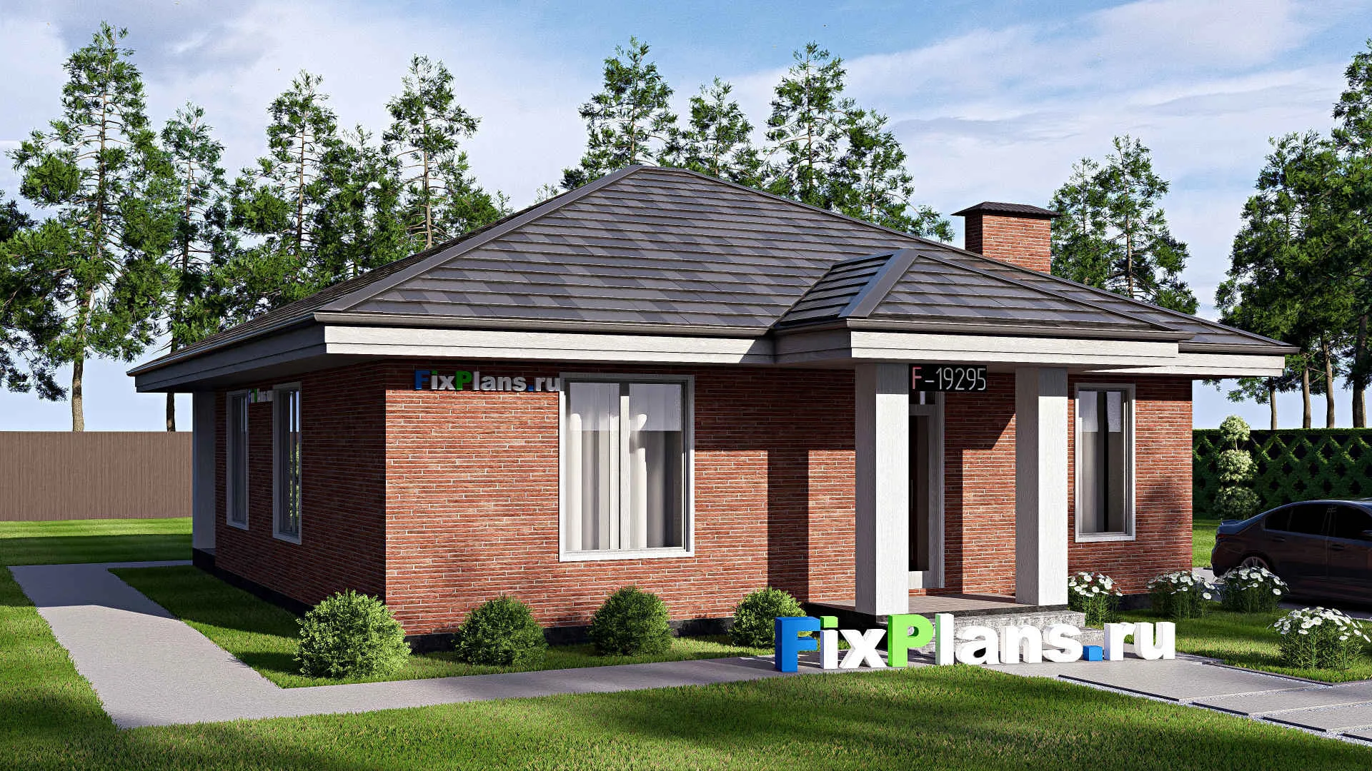 F-19295 - Проект одноэтажного дома 11 на 14, площадью 100 м² с террасой и 2 спальнями