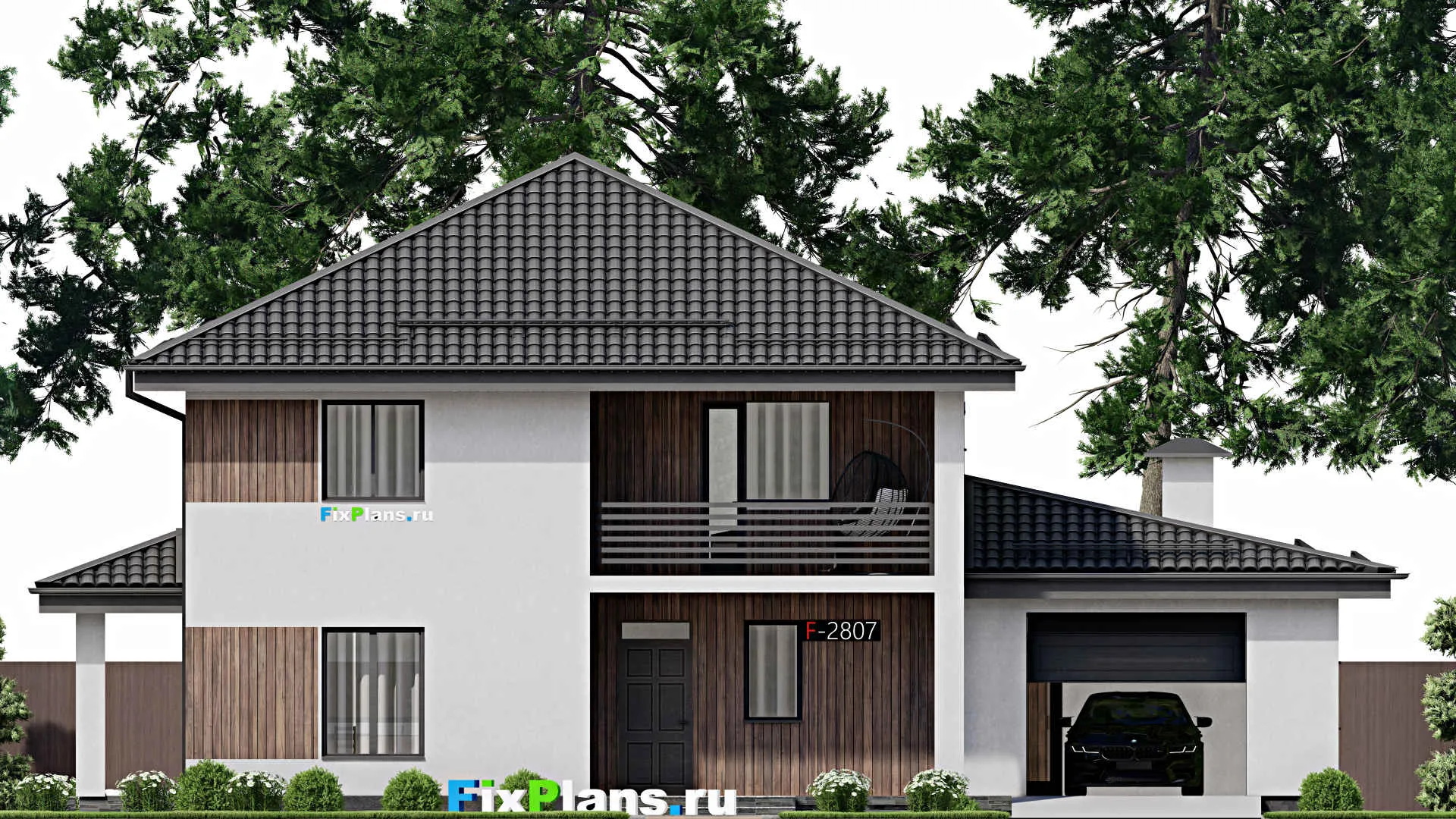 F-2807 - Планы двухэтажного дома 12 на 16, площадью 230 м² с террасой, балконом, гаражом на 1 машину и 6 спальнями