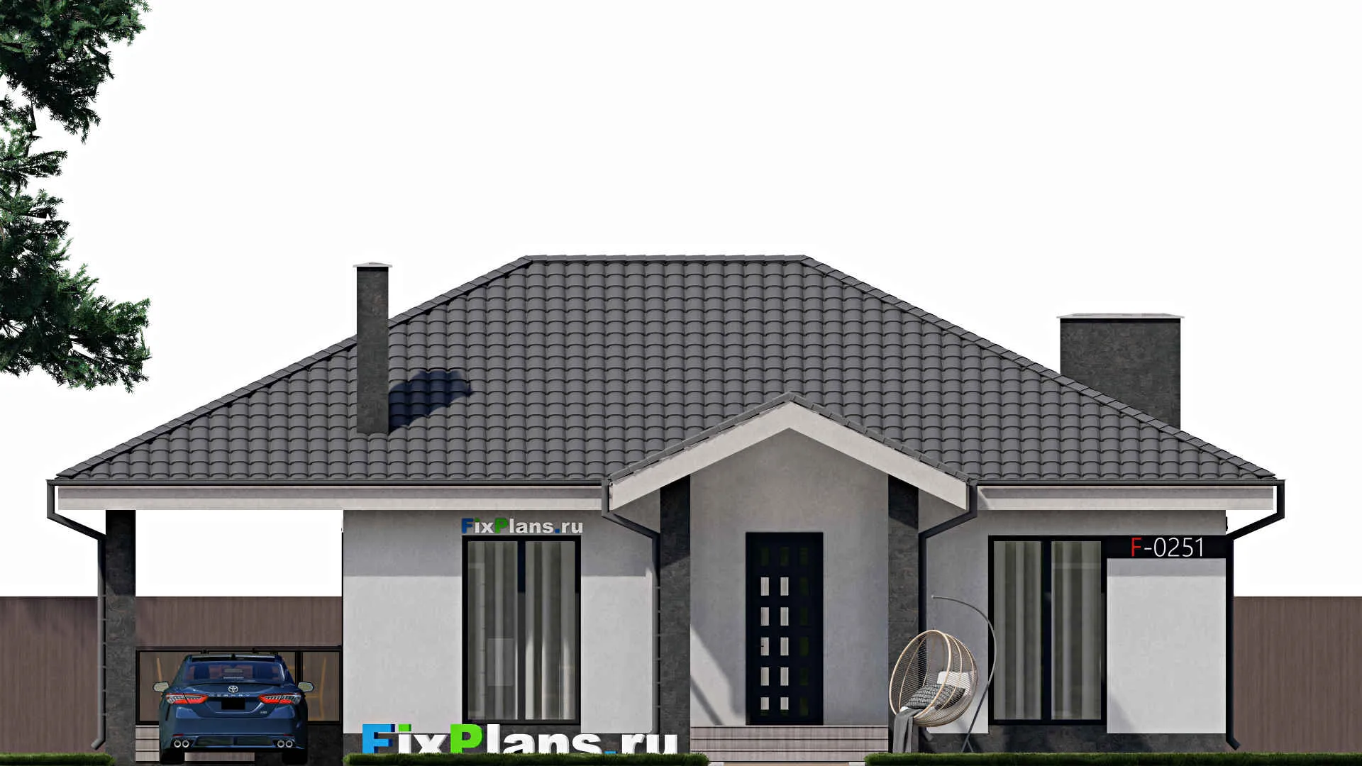 F-0251 - План одноэтажного дома 11 на 12, площадью 130 м² с террасой и 3 спальнями