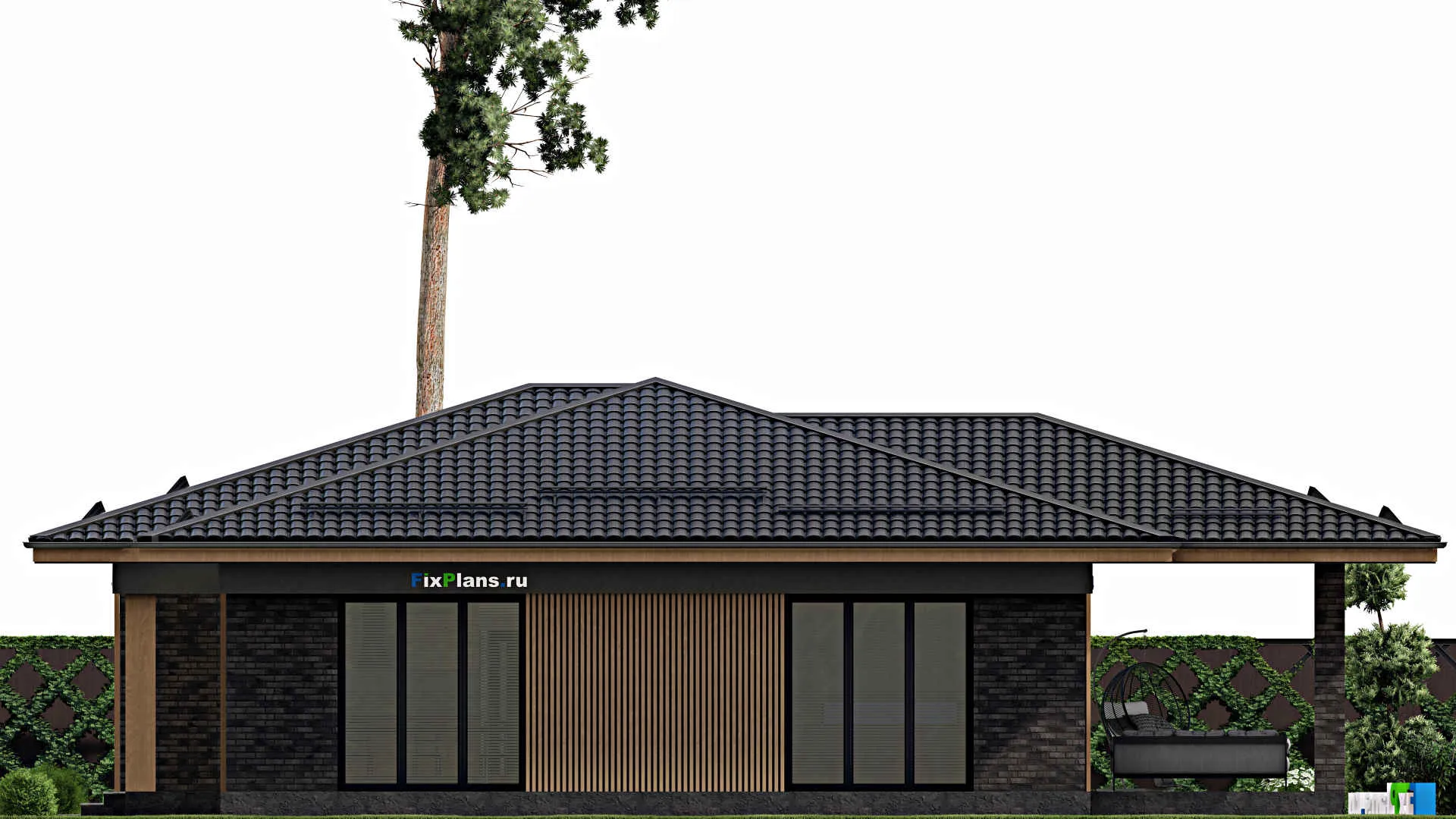 F-1979 - Проект одноэтажного дома 13 на 17, площадью 200 м² с террасой и 3 спальнями