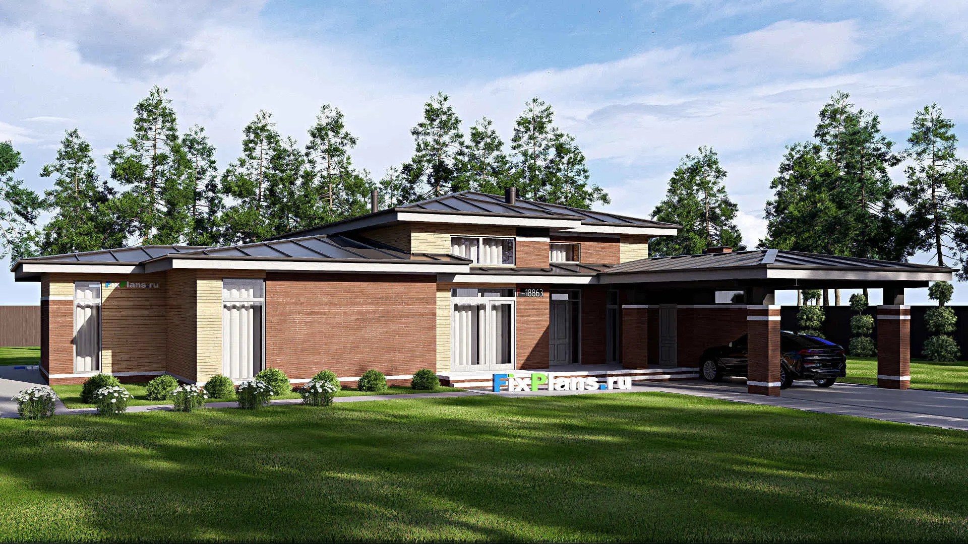 F-18863 - Проект одноэтажного дома 22 на 23, площадью 270 м² с террасой и 3 спальнями