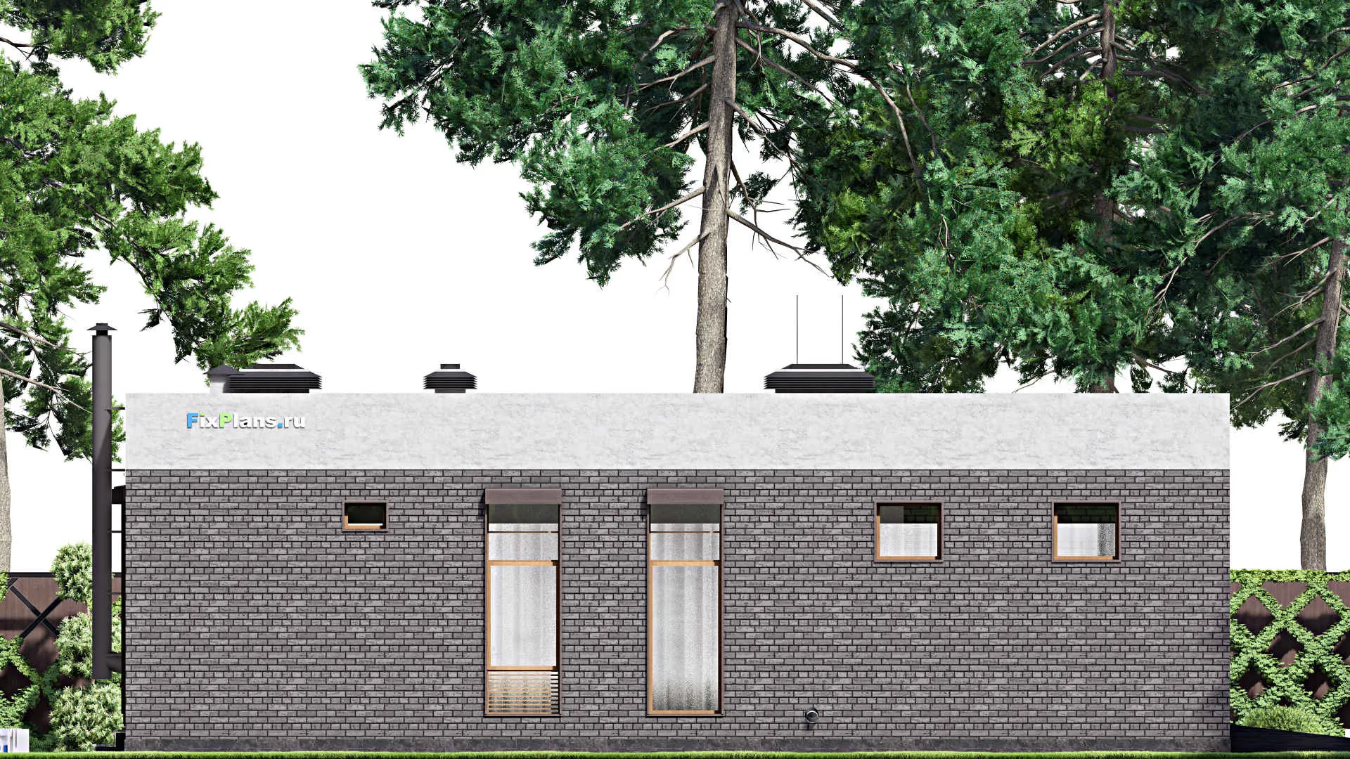 F-12779 - План одноэтажного дома 15 на 19, площадью 230 м² с террасой, баней, гаражом на 1 машину, спортзалом и 2 спальнями