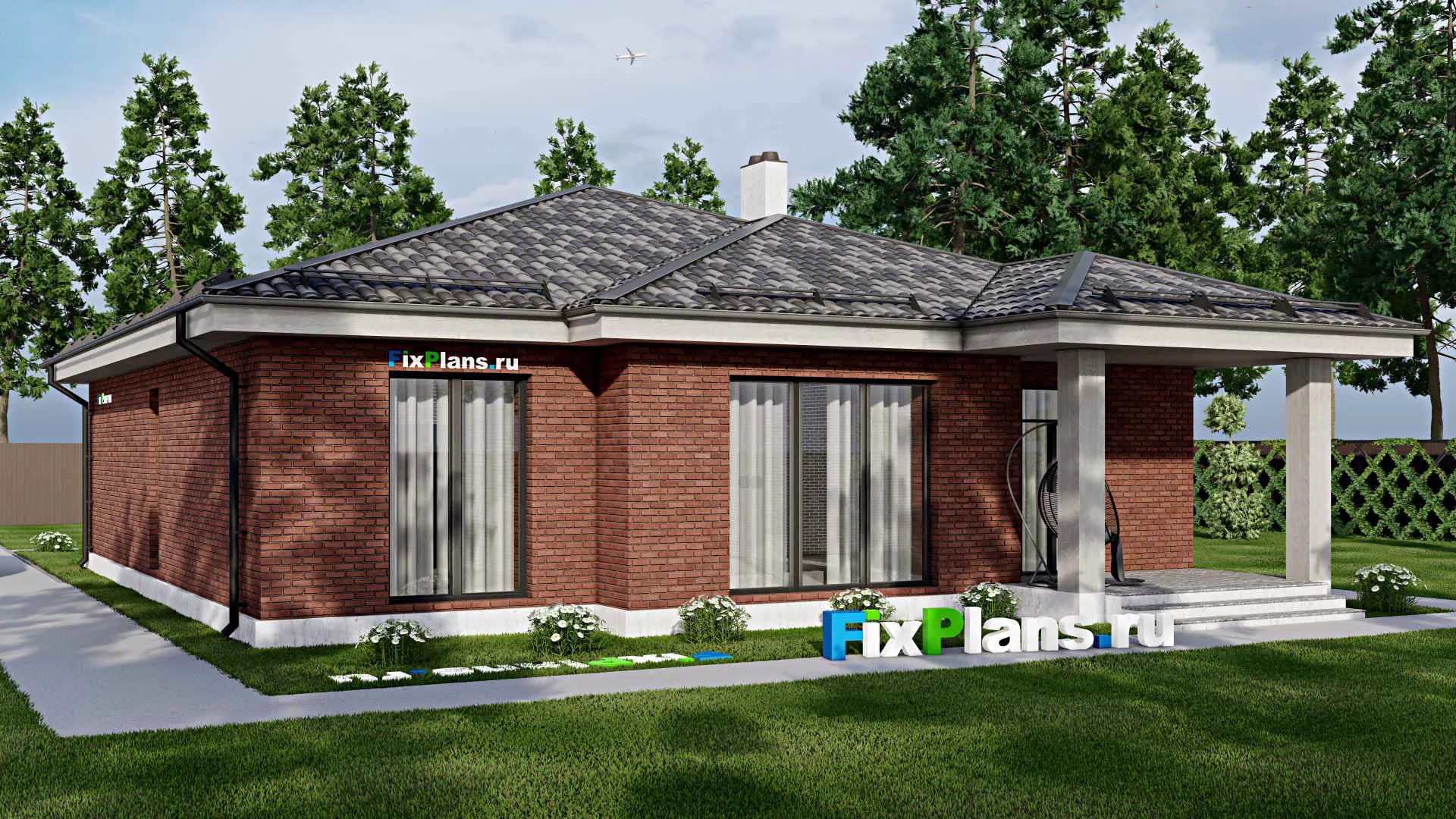 F-8342 - План одноэтажного дома 14 на 19, площадью 170 м² с террасой и 3 спальнями