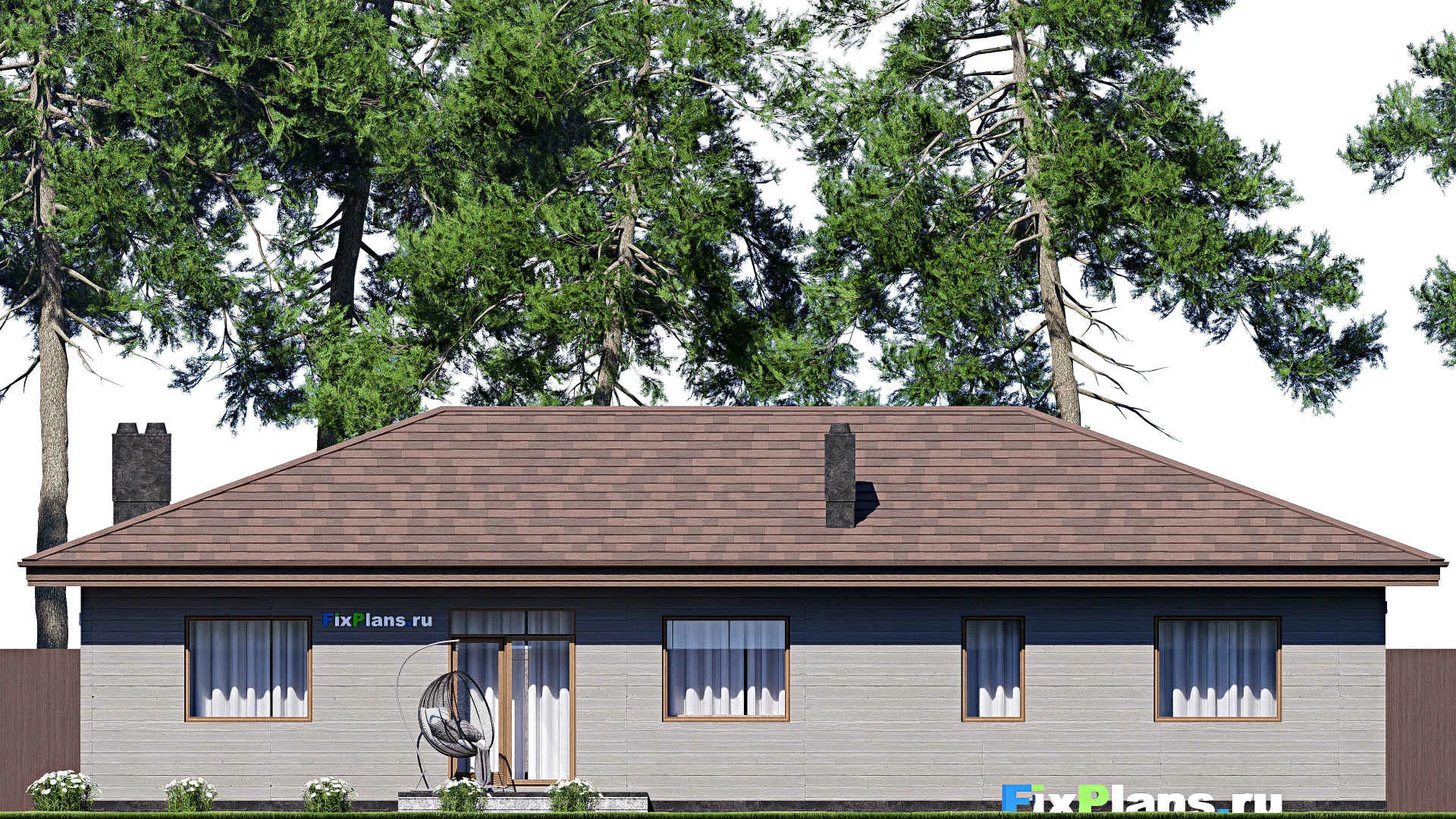 F-17504 - Проект одноэтажного дома 16 на 19, площадью 190 м² с террасой, гаражом на 2 машины и 3 спальнями