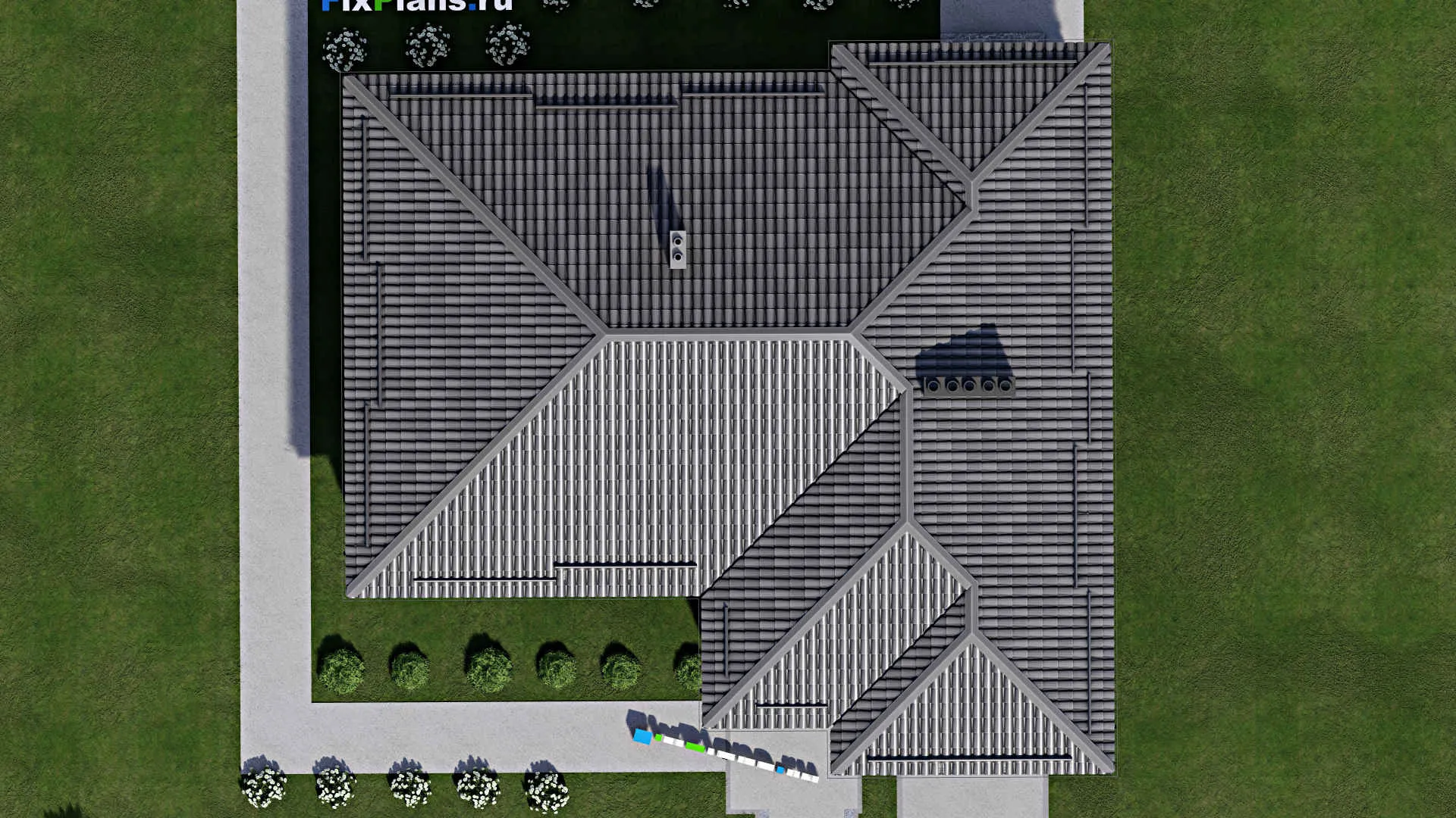 F-7856 - План одноэтажного дома 15 на 16, площадью 150 м² с террасой, гаражом на 1 машину и 2 спальнями