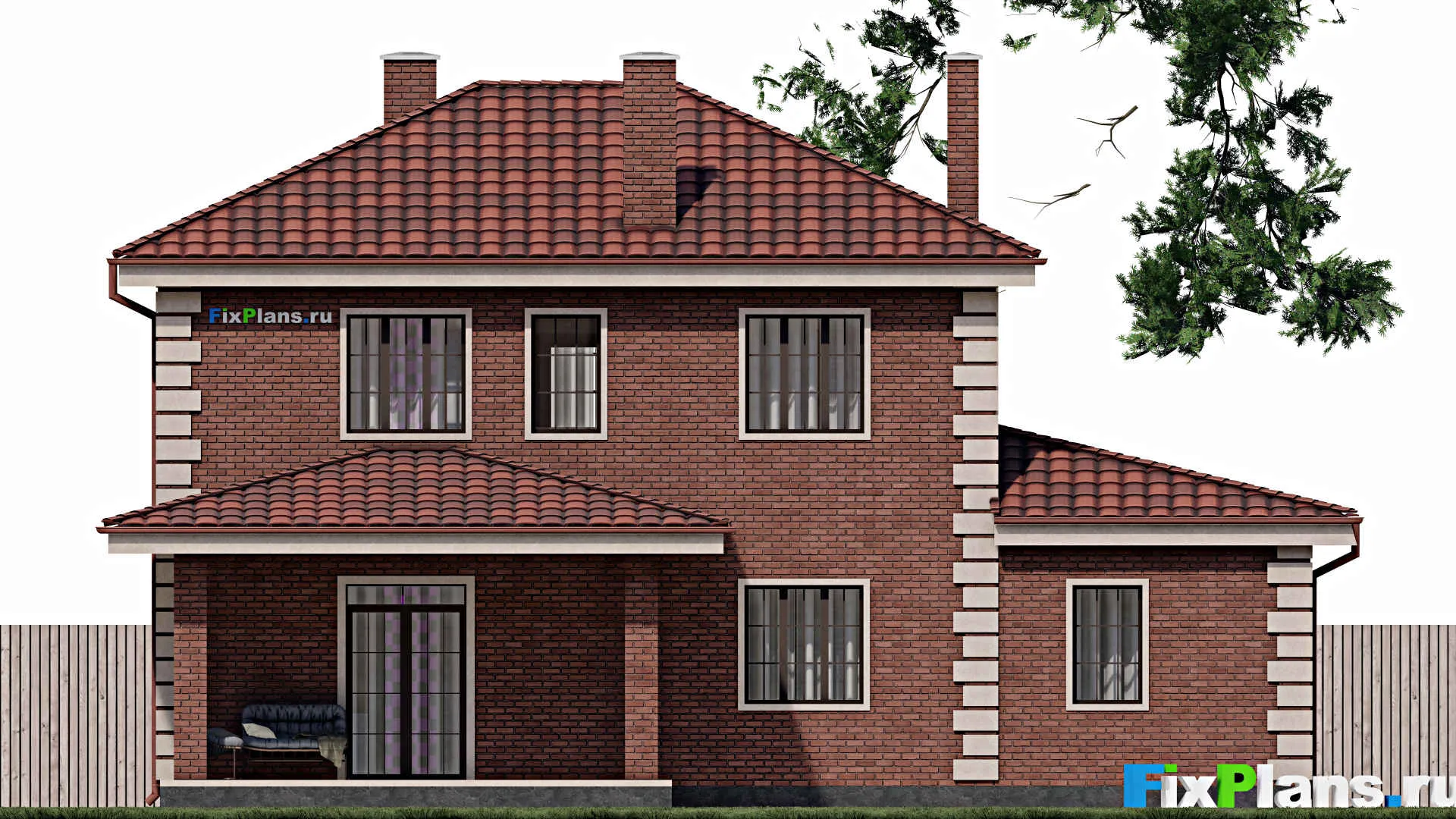 F-0593 - Проект двухэтажного дома 10 на 14, площадью 170 м² с террасой, гаражом на 1 машину и 5 спальнями