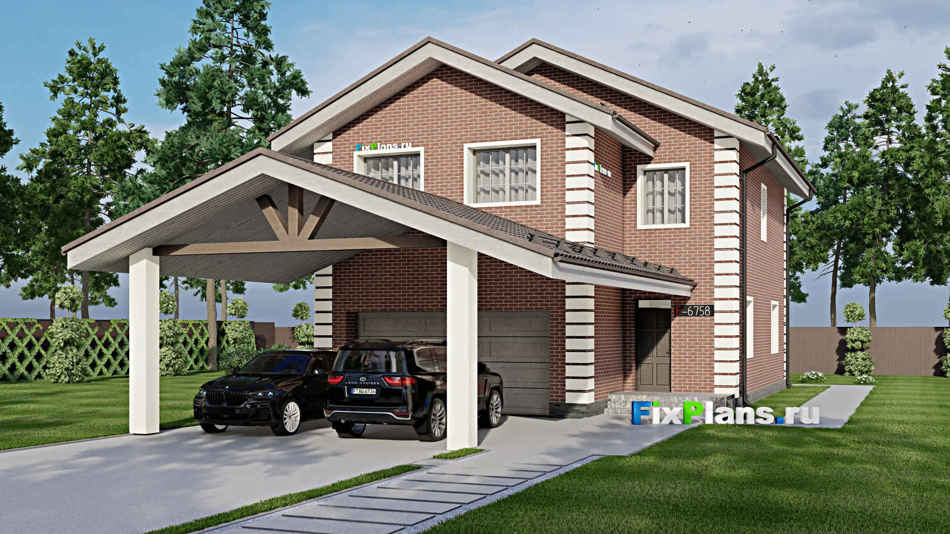 F-6758 - Проект двухэтажного дома 10 на 15, площадью 260 м² с гаражом на 2 машины и 2 спальнями
