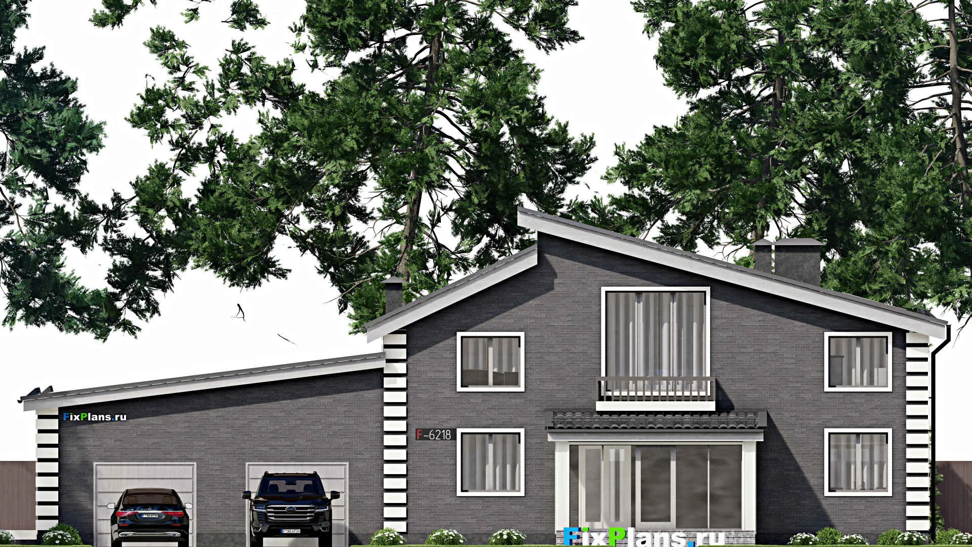 F-6218 - Планы дома с мансардой 16 на 22, площадью 310 м² с террасой, балконом, гаражом на 2 машины и 6 спальнями