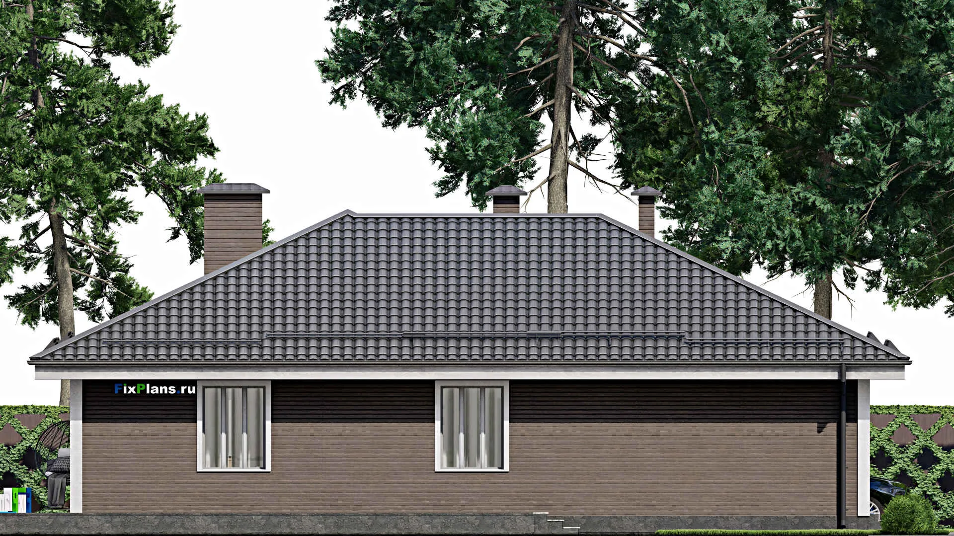 F-9665 - План одноэтажного дома 18 на 19, площадью 240 м² с террасой, гаражом на 1 машину и 3 спальнями