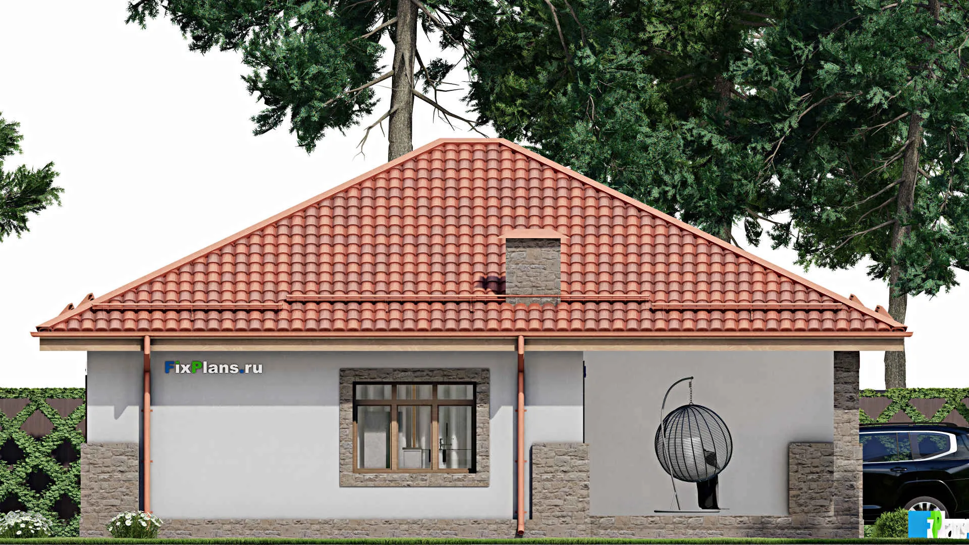 F-8495 - Проект одноэтажного дома 12 на 13, площадью 120 м² с террасой и 3 спальнями